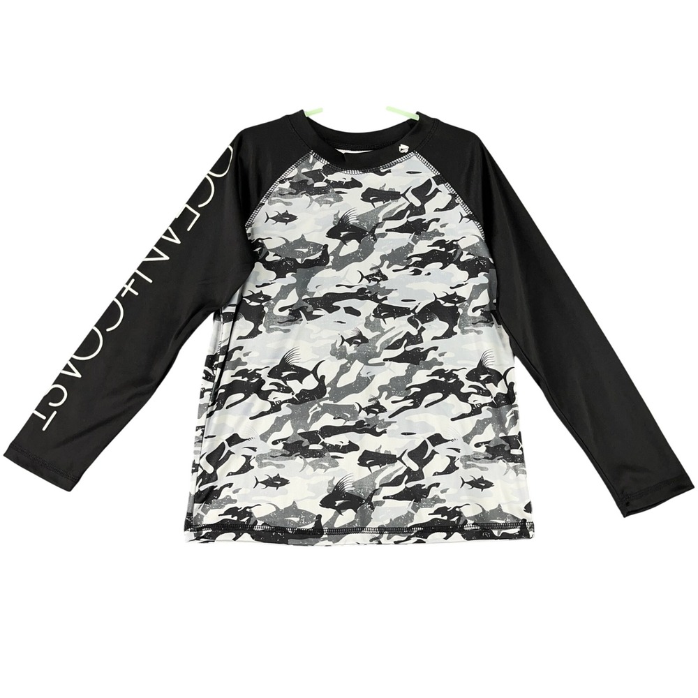 Ocean Coast Fish Camo Rash Guard Swim Shirt Grey S Boys Surf Gorpcore‎